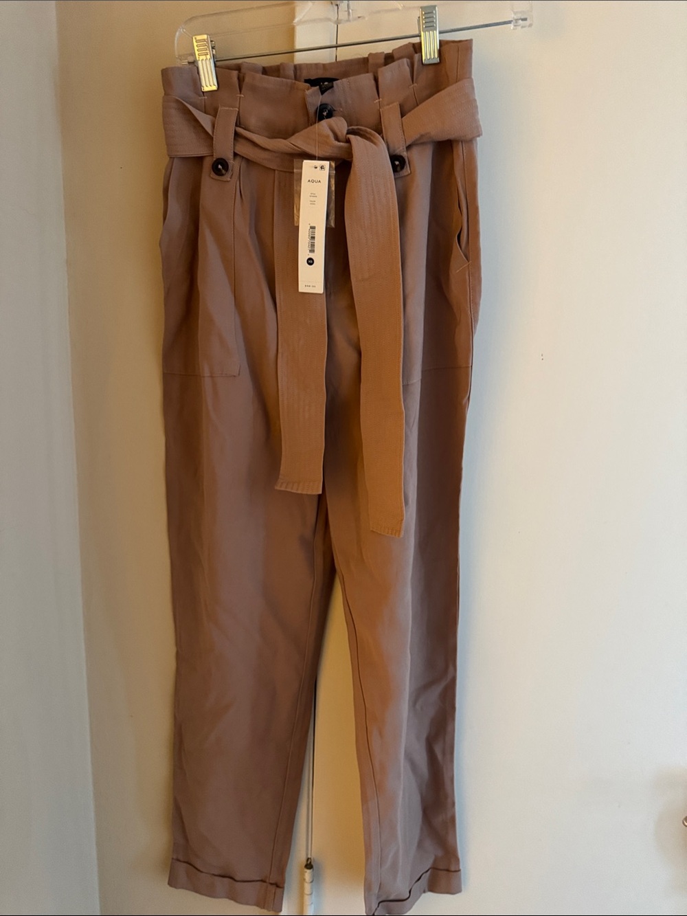 Aqua wonen’s Paperbag Waist Chinos - Brown Tan